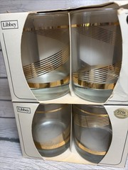 8 Vintage Libbey Lowball Crystal 22K Gold Swirl Whisky Glasses Barware NOS