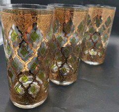 3 Vintage Culver Glass Valencia High Ball Glass 22k Gold Green MCM Barware EVC