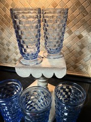 Set 5 Vintage Indiana Glass Whitehall Blue Iced Tea Footed Tumbler Cubist Colony