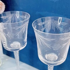 2 Vtg Bucket Air Twist Stem Etched Crystal Wine Chalice Glasses Art Deco Set