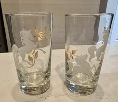 Vintage Libbey Highball Juice Glass White Unicorn Gold Leaf Design Set of 2