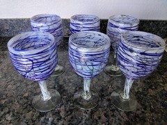 Vintage Hand Blown Heavy Wine Glasses Set Of Six Ribbon Pattern. Cobalt Blue