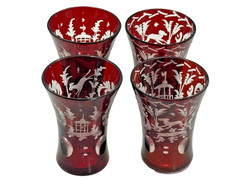 Set of 5 Shot Liquor Glasses Ruby Cut to Clear Bohemian Glass Motif Animals