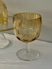 4 Vintage Bartlett Collins Atomic Starburst Amber Thumbprint Goblets MCM
