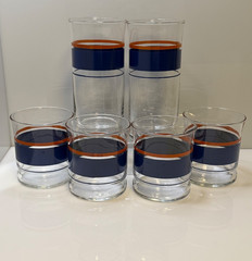 Vintage Blue and Orange Stripe Drinking Glasses – 2 Tumblers & 4 Juice – EUC