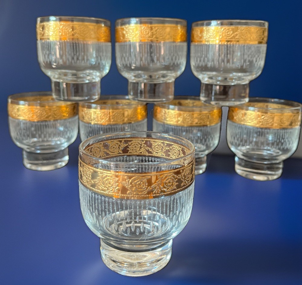 Vtg Culver Tyrol 22k Gold Footed Roly Poly Glasses Set of 8 Mid Century Barware