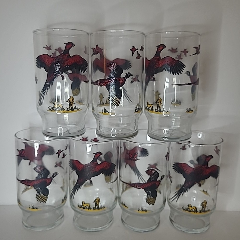 Vintage Hazel Atlas Glasses Set Of 7 Hunting Bird Dog Pheasant Drinking Glass