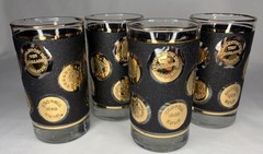 Lot Of 4 Vintage Libbey Gold Coins Tumblers Black & Gold MCM Highball Glasses 5”