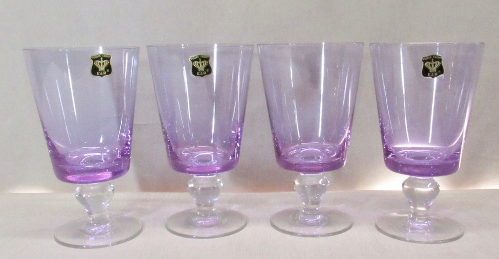 EBELING & REUSS GOLD CROWN SET OF 4 VINTAGE LAVENDER GLASS WATER GOBLETS