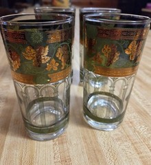 4 Vintage Cera Green 24K Gold Grape Vines Pillar Highball Glasses Mid Century