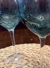 Pier 1 Crackle Glass Teal Blue Red Wine Glass Goblet 8 5/8” Set Of 2