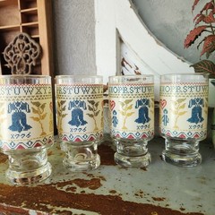 Anchor Hocking Bicentennial Glasses Set Of 6 Vintage Cross-Stitch Folk Art