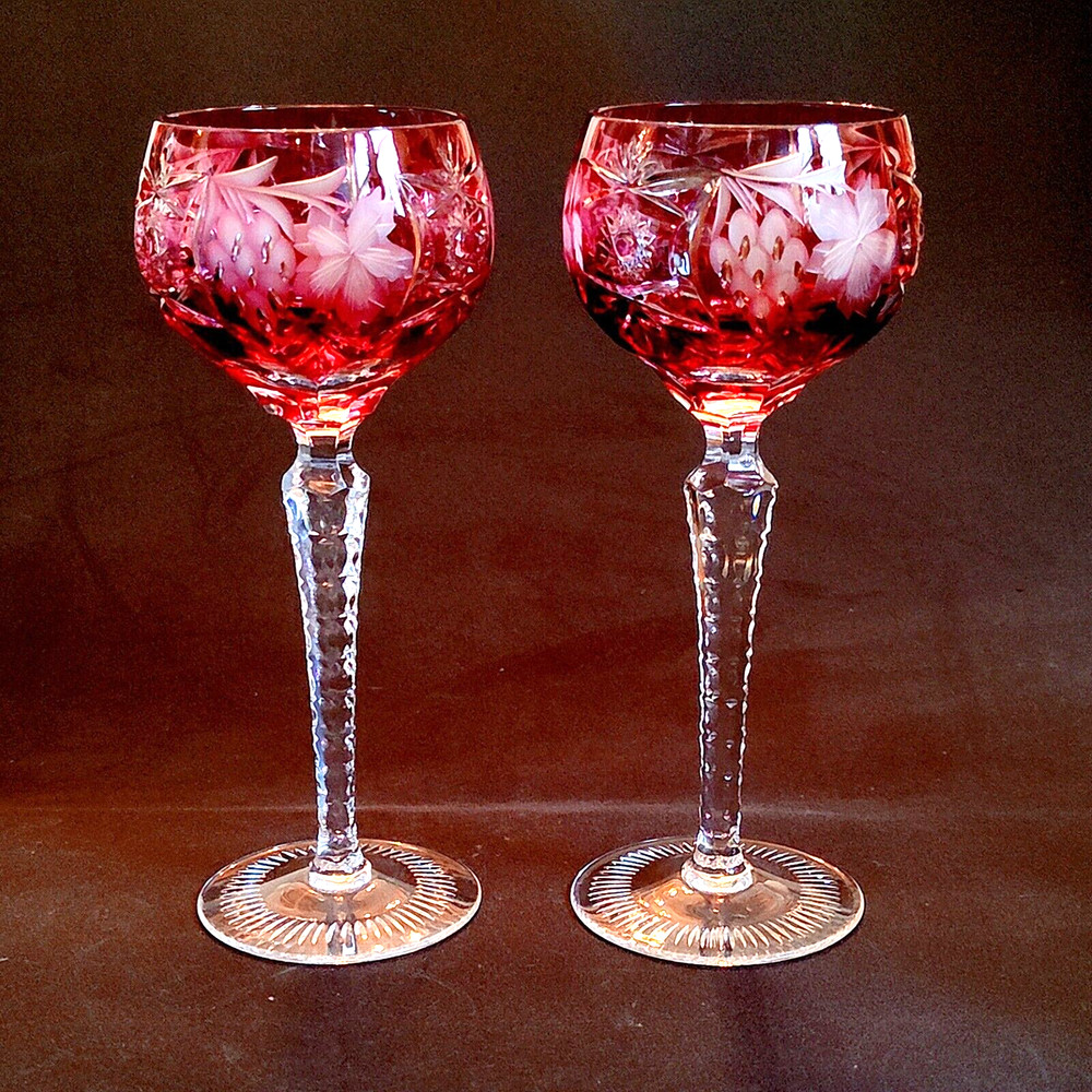 NACHTMANN TRAUBE CRANBERRY WINE HOCK GLASSES, Lead Crystal, 8 1/4″, 8 oz, 2PCS
