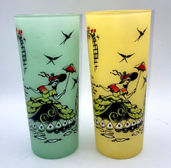 1960s Ice Tea Glasses Green Yellow Southern Belle Set of 2 Frosted Glass 6 1/2″