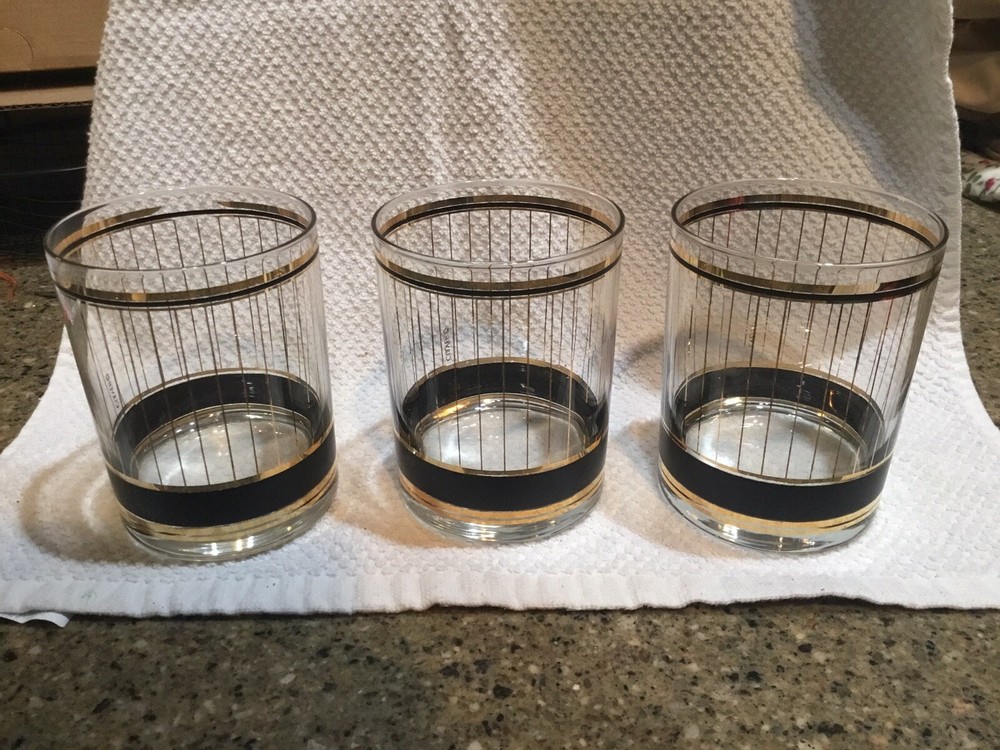 Culver Devon Double Old Fashion Glass Tumblers (3) Gold Pinstripe & Black MCM