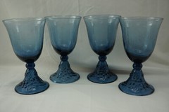 4-Blue Glass Water Goblets or Iced Tea Glasses w/ Bell Bottoms, 7 3/8″ (B21)