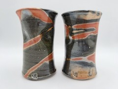 Art Pottery Dimpled Drinking Cups 12oz. Pair Tumblers 5” Orange Gray MCM Signed
