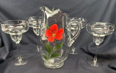 Vintage Hand painted Poppy glass pitcher w/applied handle & 4 Margarita glasses
