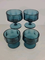 (4) INDIANA Colony Nouveau Glass Riviera Blue Footed Coupe Dessert Octagon 3.5”