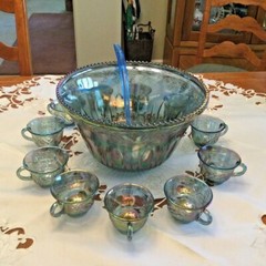 Gorgeous Indiana Glass Carnival Blue Punch Bowl w/11 cups/Plastic Blue Ladle