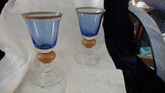 #1120 Water GLASS 2 Goblet BLOCK Crystal 7″ T STEMED BLUE w Mustard Gold & Clear