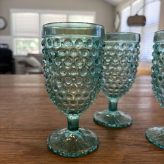 Set Of 3 Hobnail Vintage Style Teal/Green Goblets Glasses 7” Footed Heavy