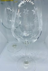 2 Vintage Etched Glass Atomic Star Burst Wine Glasses MCM Czech Gold Tone Trim
