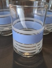 Vintage 4 Libbey Juice Glass Tumblers Clear with Blue & White Frosted Stripes