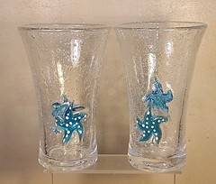 Set of 2 Heavy Handblown Bullicante Flared Glasses w/ 3D Starfish 6″ Tall MINT