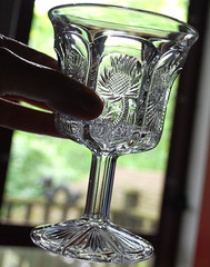 Antique Set 5 PANELLED THISTLE Water Goblets HIGBEE Clear Pressed Glass c1915