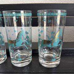 Vtg 4 CERA Persian Polo Riders Barware Turquoise Gold Highball Glasses MCM