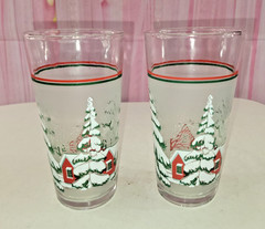 Frosted Winter Snow Scene 2 Vintage Kig Indonesia Drink Glasses Tumblers 6″ tall