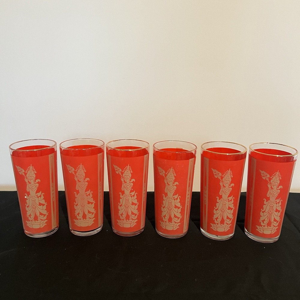 MCM Culver Red & Gold Glasses Hindu/Thai Goddess Lord Shiva 4pcs 14oz 6.5 in