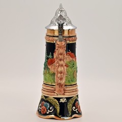 DBGM Original Vintage Signed German Ceramic Painted Glazed Pewter Lid Beer Stein