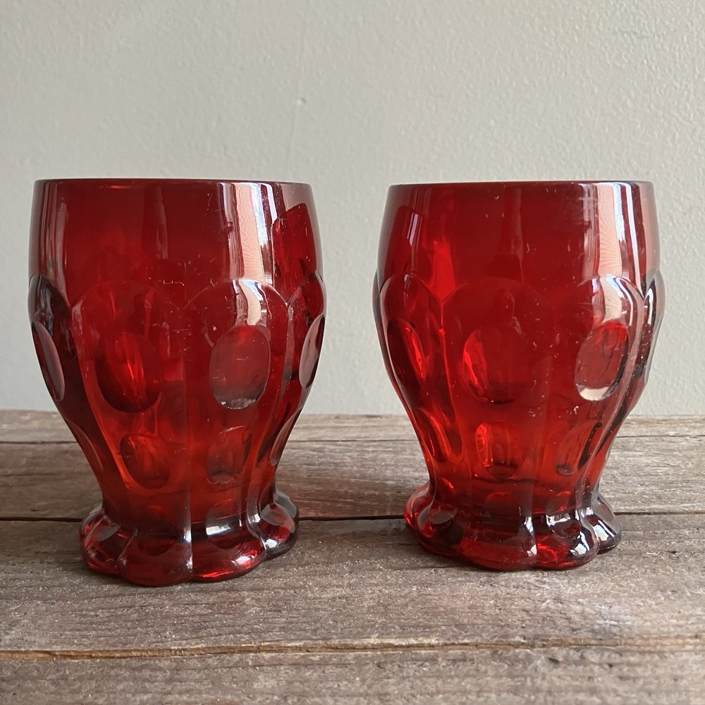 (2) Fenton Ruby Red #1933 Thumbprint Dots & Panels 8oz Tumblers Set of 2