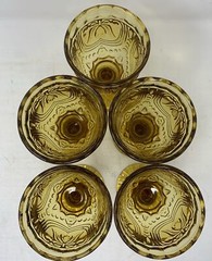 5 Vintage MCM Circle Glass Retro Embossed Stemmed Amber Wine Goblets Scalloped