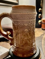 Greentown Chocolate Glass Relief Beer Mug Ornate Brown Ceramic Breweriana Theme
