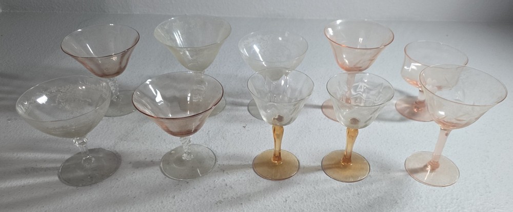 Vintage Glassware Lot Stemware Etched Amber 10 Lot Depression Champagne Sherbert