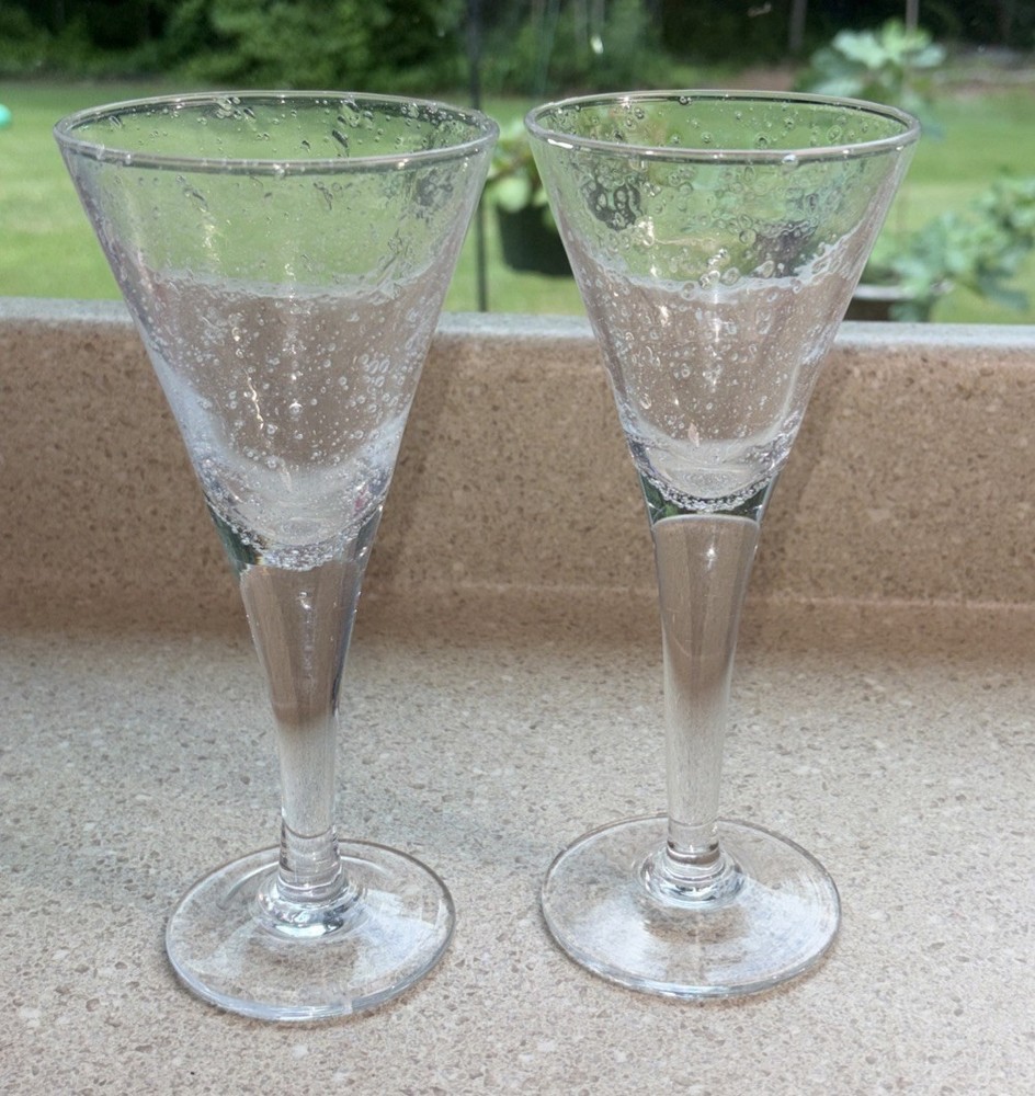F144~ Pair of 2 LA VERRERIE DE BIOT Clear Crystal WINE CHALICE GOBLETS