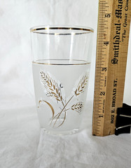 Vintage Italy Frosted Wheat Glass Pitcher & 4 Tumbler Glasses w/ Gold Trim