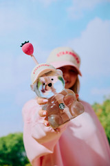 Starbucks Bear Theme Tumbler 20 oz Glass Clear/Pink w Straw Drink-Through Lid