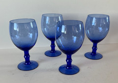 Vintage Etched Grapes & Vine Colbalt Blue Wine Glass 5.5″ Hand Blown Set of 4