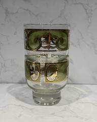 2 Vtg MCM STARLYTE 22K Gold Frosted Green Footed Cocktail Glass Culver Style