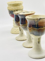 VTG LEON KULA Handmade Pottery Goblets Mixed Lot Of 4 Drip Glaze Set~4 GOBLETS