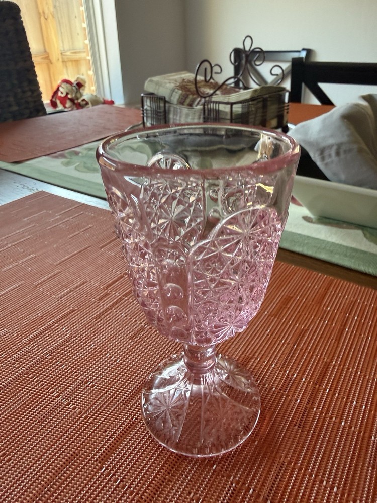 American Pink Pressed Glass Wine Glass. Daisy and Button Pattern. Vintage