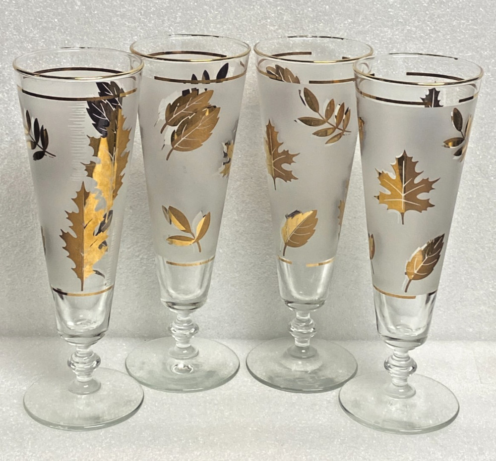 Libbey Gold Leaf Foliage Frosted Pilsner Glass 1970’s ~ 10 oz ~ 8.5″ ~(Set of 4)