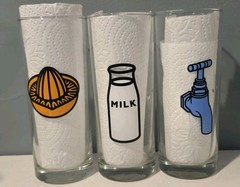 3 Tall Vintage Propaganda Water Spicket, Milk Bottle, Juicer Drinking Glasses