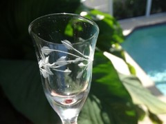 Weston Crystal Gray Cut Flower Clear 1 oz Footed Cordial w/ Ruby Red Foot VGUC