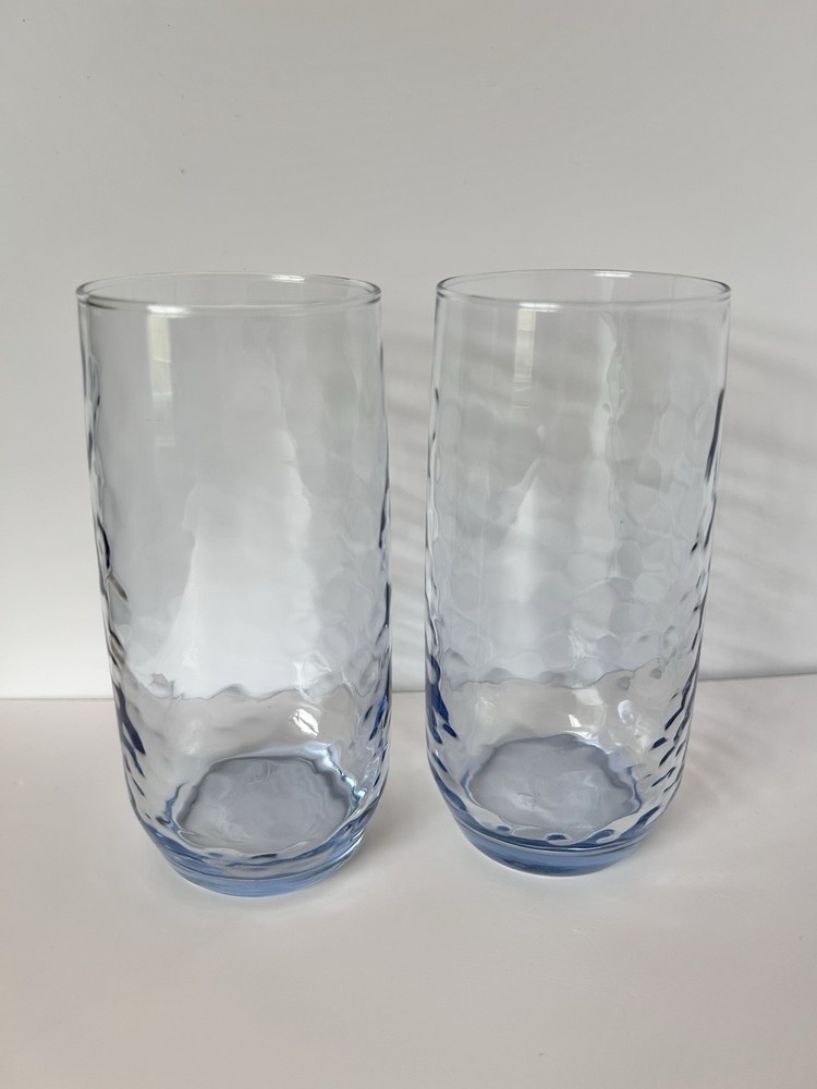Libbey Blue Hammered Highball Glasses Set of 2 • 6.75” Tall • Textured Drinking