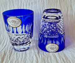 AJKA CHRISTMAS COBALT BLUE LEAD CRYSTAL VODKA SHOT GLASS, SET OF 2, MARKED